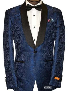 TALLIA Men's Blue Paisley Shawl Lapel Tuxedo Jacket